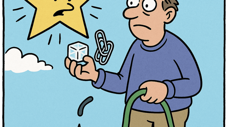 a man holding a garden hose and an ice cube