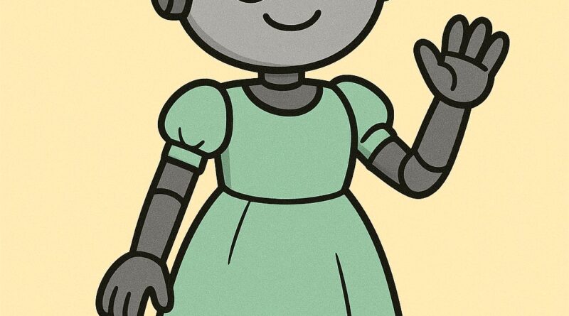 A friendly robot in a green dress waving.