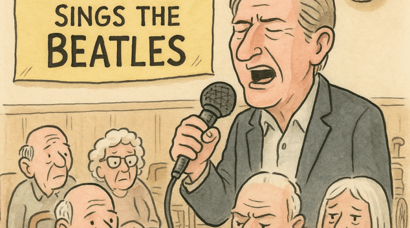 Adrian Dunbar singing at an old age home