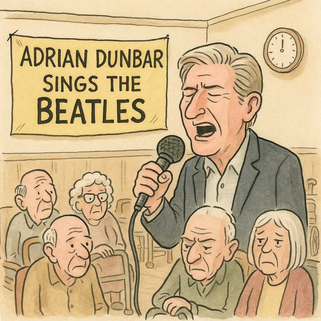 A cartoon of Adrian Dunbar singing into a microphone.