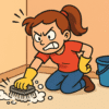 A woman furiously cleaning one corner of a room.