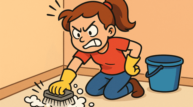 An angry looking woman scrubbing a floor.