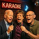 Joe Biden, Mick Jagger, and James Carville singing in a karoake bar.