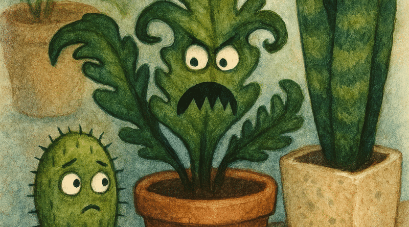 Suspicious houseplants in a cozy room, illustrating an apocalyptic horoscopes scene: one sinister fern displays shark-like teeth and hums the Jaws theme, while a nervous cactus looks on.