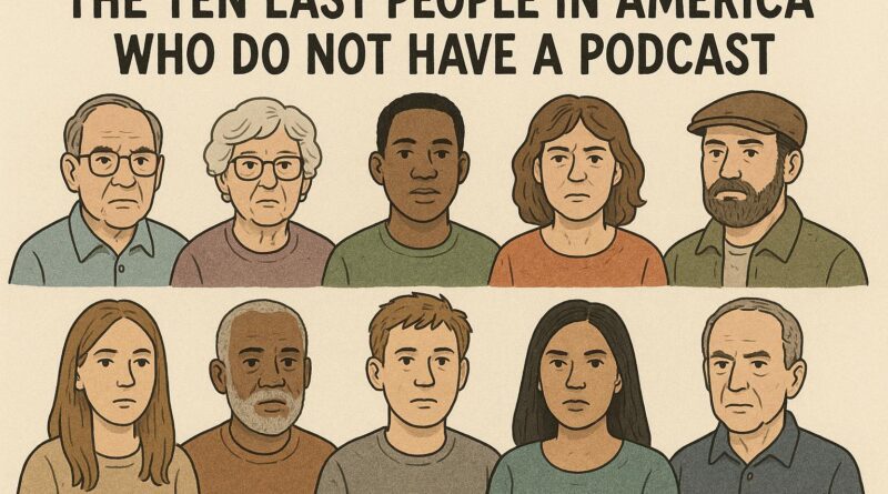Illustration of ten diverse, quirky Americans lined up in two rows, representing the last people in America who do not have a podcast — part of a humorous top ten list.