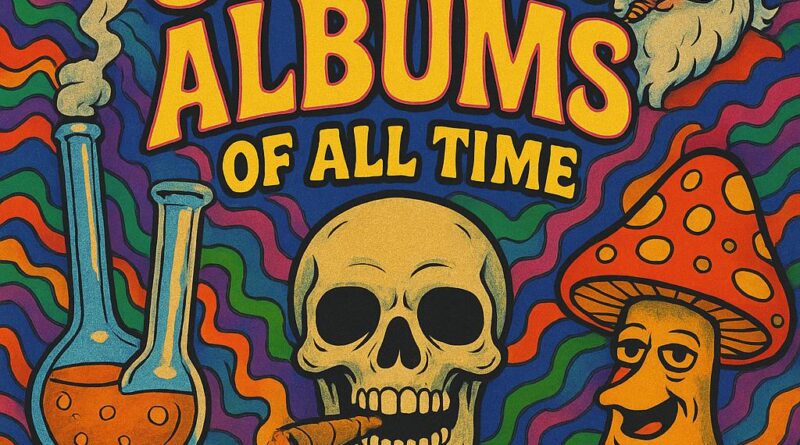 Psychedelic poster for the top ten stoner albums ever, featuring a smoking alien, Santa with a joint, a grinning skull, trippy flowers, a talking mushroom, and a stoned pug — all surrounding the text “The Top Ten Stoner Albums of All Time.”