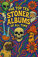 Psychedelic poster featuring a smoking alien, Santa with a joint, a grinning skull, trippy flowers, a talking mushroom, and a stoned pug — all surrounding the text “The Top Ten List of Best Stoner Albums of All Time.”