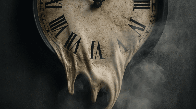 A melting clock with distorted numbers drips time away in a surreal scene.