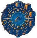 Zodiac Small Appliance Horoscopes illustration of a glowing zodiac wheel of neon blues and oranges where each sign is symbolized by a whimsical household appliance.