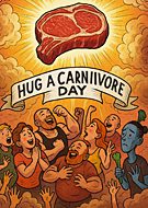 llustration for Hug a Carnivore Day: A radiant rib eye steak floats above a crowd of ecstatic meat lovers, bathed in golden light, while a lone vegan protests with a wilting celery stalk.”