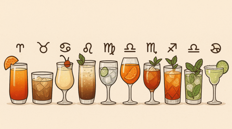 Twelve zodiac-themed cocktails lined up with astrological symbols above them, each representing a sign’s personality.