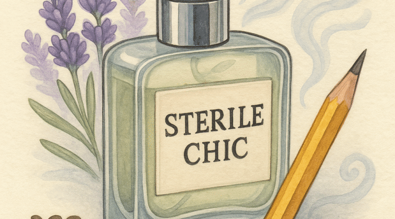 "Virgo-themed horoscopes illustration of a perfume bottle labeled Sterile Chic with lavender, pencil, and antiseptic mist, symbolizing Virgo’s anxious perfectionism in a witty horoscope style."