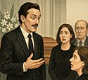 Offbeat Zodiac Horoscopes illustration of a funeral scene where a well-dressed man speaks confidently, while horrified mourners listen beside a flower-draped casket.