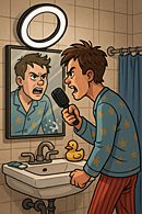 DIY Reality Show Audition Day illustration of a pajama-clad wannabe reality-show contestant glaring into a bathroom mirror, clutching a hairbrush like a microphone under a harsh ring-light.