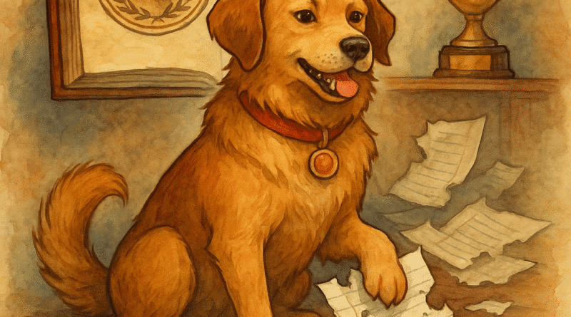 In this Book of Saze the Dog Atr My Homework Day illustration, a Golden retriever sitting in a sea of torn homework pages,