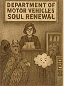 The Department of Motor Vehicles office for “Soul Renewal,” featuring a stern female clerk seated behind a wooden counter, surrounded by a line of fantastical beings including a hooded figure, a horned creature, a sad sentient cloud, and two bird-like entities.