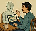 Invisible AI Friend Day intage of a smiling wireframe AI figure sitting at a wooden desk across from a young man in a green sweater, who gestures as if in conversation. A laptop with chat messages open and a coffee mug sit between them.