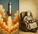 Go big or go home illustration. a split panel artwork showing contrast between extremes: a rocket blasting off with flames and smoke on one side, and a person snoozing peacefully in a recliner with a cat on their lap on the other.