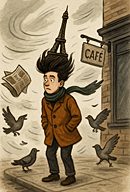 A cosmic whiplash horoscope illustration of Aquarius caught in a gust of wind, hair sculpted into the shape of the Eiffel Tower as pigeons scatter and a café sign flaps in the breeze.