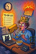 Book of Daze Ignore Your To-Do List Day illustration of a frazzled office worker wearing a 'CEO of Not Today' crown, eating cereal at a cluttered desk, ignoring a glowing to-do list as a calendar burns and a clock melts on the wall.