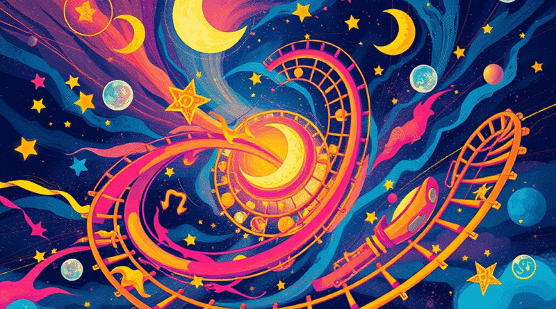 A vibrant cosmic scene with swirling galaxies and glowing celestial elements.