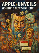 Surreal illustration of the iPhone 17 with a sentient, judgmental face hovering above a dazed consumer; the phone emits “iConscience” alerts.