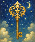 In this keyword horoscopes illustration an ornate golden key with a star-shaped bow floats in a starry night sky, framed by a crescent moon and glowing clouds.