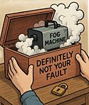 Horoscopes satire cartoon of a person opening a locked box labeled ‘Definitely Not Your Fault,’ revealing a fog machine spewing mist in a cloud of absurdity."