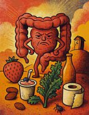 Surreal illustration of gut health featuring an anthropomorphic colon standing proudly among symbolic digestive allies: kale, yogurt, almonds, and toilet paper, set against a mythic sunset.