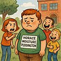 In this middle name day illustration, a pudgy boy in a schoolyard wears a green shirt labeled "Horace Moisture Puddington" as three other kids laugh and point at him.