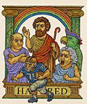 Illustration depicting the absurd rituals of sports fandom: four exaggerated characters—including a toga-clad philosopher, a furious bald man, a screaming elderly woman, and a parrot in a tricorn hat—stand atop a pedestal labeled ‘HATRED,’ booing a football player mid-stride. Framed by ornate columns and a rainbow arch,