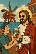 Hand-drawn digital illustration of tech billionaire Jasper “Crypto Jesus” Kline tipping a full decommissioned oil rig to a shocked barista, on Book of Daze Over Tip Somebody Day
