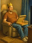 A casually dressed man sits in a recliner wearing a paper crown, holding a remote control like a scepter and balancing a pizza box on his lap, illustrating the theme of stay quietly in your room.