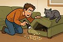 Lose Your Remote day illustration of a cartoon-realistic living-room battlefield: a frazzled adult on all fours pries up a sofa cushion with one hand, flashlight in the other; popcorn kernels tumble out like relics; a smug cat perches on the armrest with tail curled around the missing remote, pretending to nap.