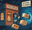 Illustration for Return-to-Sender Day, Surreal space post office returning cosmic junk mail through a glowing wormhole