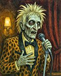 Aged, ghoulish Rod Stewart in a leopard-print lounge suit singing under a spotlight — the perfect visual for the ten most embarrassing Rod Stewart songs.