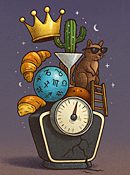 In this illustration for funny horoscopes a broken bathroom scale buckles under a pile of objects: a golden crown, cactus in a martini glass, sunglasses-wearing squirrel, glowing zodiac orb, tiny ladder, and half-eaten croissant.