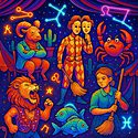 In today's horoscopes the illustration shows a "Surreal carnival of zodiac signs performing bizarre acts under neon constellations.