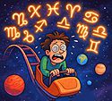 Cosmic whiplash horoscopes illustration, a dizzy figure clinging to a cosmic rollercoaster, zodiac signs spinning overhead like neon warning labels.