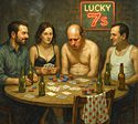 On Book of Daze Strip Poker Day players at a smoky basement poker game, one losing badly and reduced to bra and socks while others smirk.
