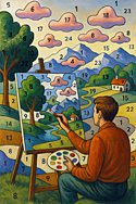 Surreal illustration of a person painting a landscape using a Paint by Numbers canvas, where the numbered sections extend into the real world—floating pink clouds, numbered hills, and a winding river blur the boundary between art and reality.