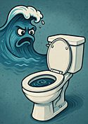 Cartoon wave glaring at a toilet as water swirls ominously inside the bowl, symbolizing Cancer horoscope's ocean call gone wrong"
