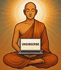 Unsubscribe Day illustration a serene monk levitates in lotus position with a laptop on his knees, glowing “unsubscribe” confirmation radiating behind him like enlightenment.