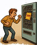Horoscopes illustration of an angry man shaking his fist at a vending machine.