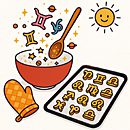A whimsical illustration for homemade horoscopes featuring a bright white scene of a crescent-moon mixing bowl brimming with glittery zodiac symbols, a wooden spoon stirring the stars, and twelve playful zodiac “cookies” cooling on a baking tray.