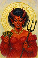 A demonic drag queen styled as the embodiment of satanic horoscopes, with red skin, black horns, and dramatic makeup, wearing a glittering red gown and pearl necklace. She holds a trident in one hand and tarot cards with astrological symbols in the other