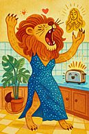 The lion in sequins has taken center stage in the kitchen in this illustration for free horoscopes, roaring with theatrical flair while houseplants beam and minor deities bask in reverence