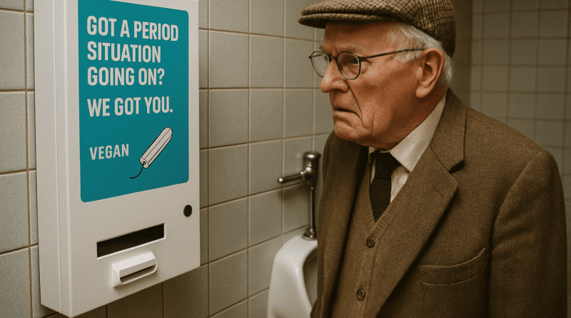 Tweedy elderly British gentleman staring in disbelief at a vegan tampons dispenser in the men’s restroom;