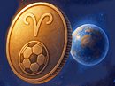 Illustration of a glowing coin floating in space next to a planet, symbolizing the sports gambling fate with zodiac and sports markings.