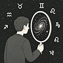 Existential horoscopes illustration showing a person gazing into a mirror that reflects a swirling galaxy, surrounded by fading zodiac symbols in space.